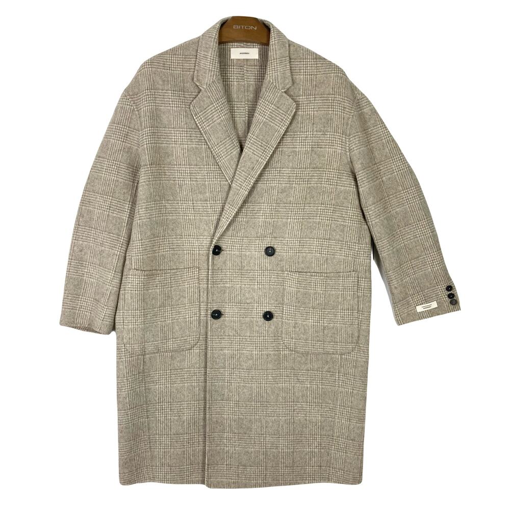 Nwot ANDERSEN Coat Jacket Women ~L/XL Oversized Beige Plaid Wool Logo Long-Slv